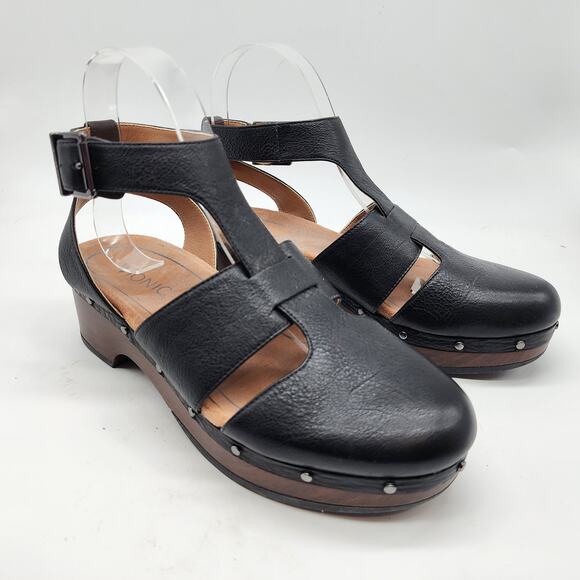 Vionic Faye T-Strap Platform Clogs Black Leather Arch Support Comfort Size 6 - Picture 1 of 7